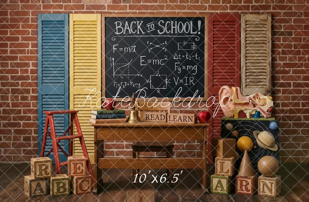 Kate Back To School Blackboard Brick Wall Books Blocks Backdrop Designed by Emetselch