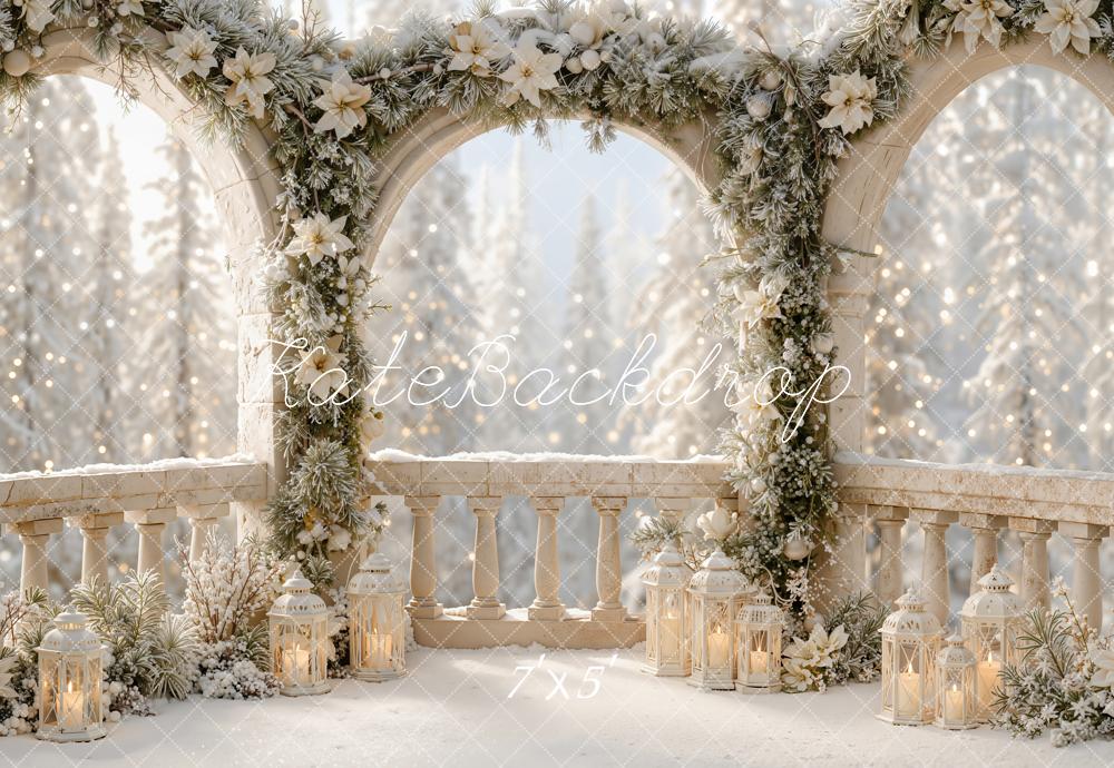 Kate Christmas Balcony Snowy Floral Arch Lanterns Printed Backdrop Designed by Emetselch