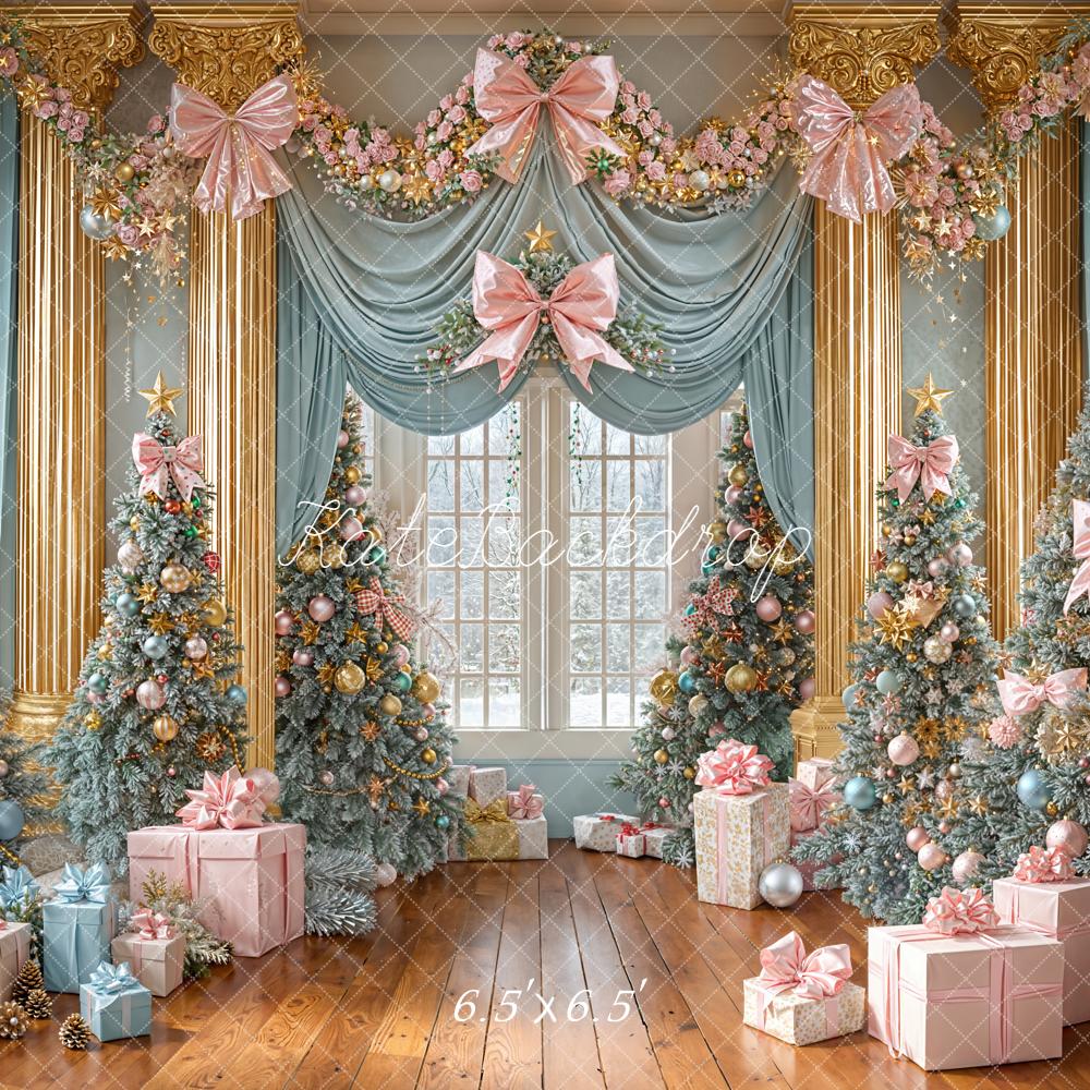 Kate Christmas Trees Pink Bow Blue Gold Presents Garland Backdrop Designed by Emetselch