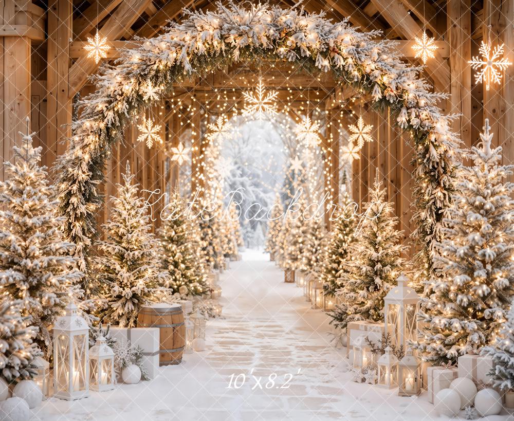 Kate Christmas Snowy Evergreen Lighted Archway Trees Printed Backdrop Designed by Emetselch