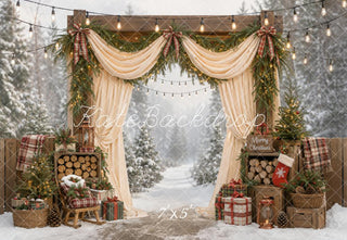 Kate Christmas Outdoor Cream Curtains Arch Pine Trees Plaid Gifts Wood Printed Backdrop Designed by Emetselch