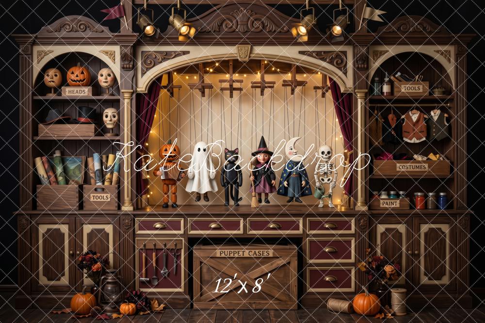 Kate Halloween Marionette Theatre Cabinet Brown Printed Backdrop Designed by Patty Roberts