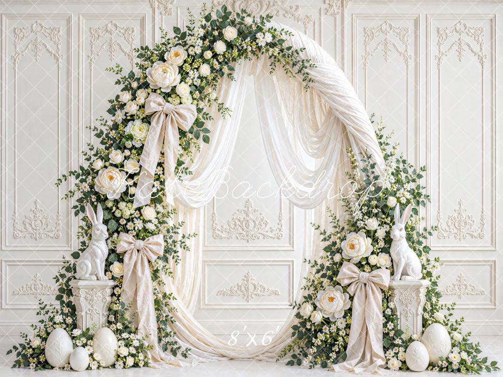 Kate Easter White Floral Arch Drapery Bow Bunny Vintage Printed Backdrop Designed by Mini MakeBelieve