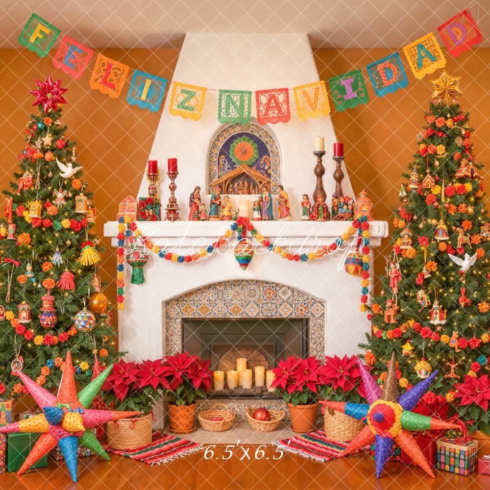 Kate Christmas Mexican Navidad Fireplace Trees Piñata Gifts Backdrop Designed by Emetselch