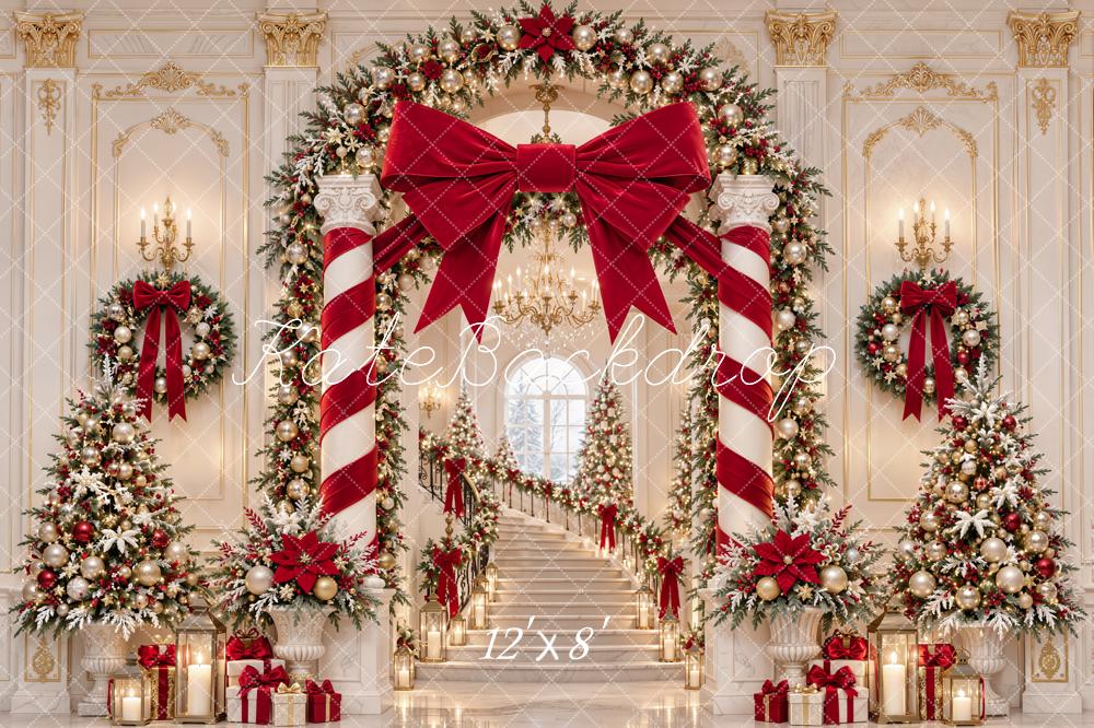 Kate Christmas Red Bow Candy Cane Arch Staircase Printed Backdrop Designed by Emetselch