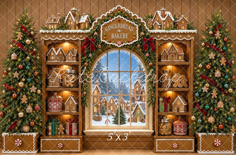 Kate Christmas Trees Gingerbread Bakery Snowy Window Printed Backdrop Designed by Shutter Swan Studios