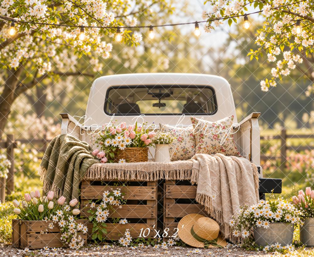 Kate Spring Vintage Truck Floral Blanket Rustic Outdoor Printed Backdrop Designed by Emetselch