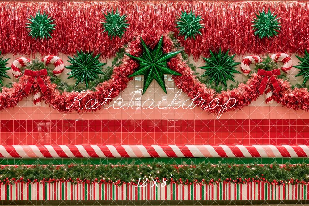 Kate 80's Mall Wall Christmas Tinsel Candy Cane Garland Printed Backdrop Designed by Angela Miller