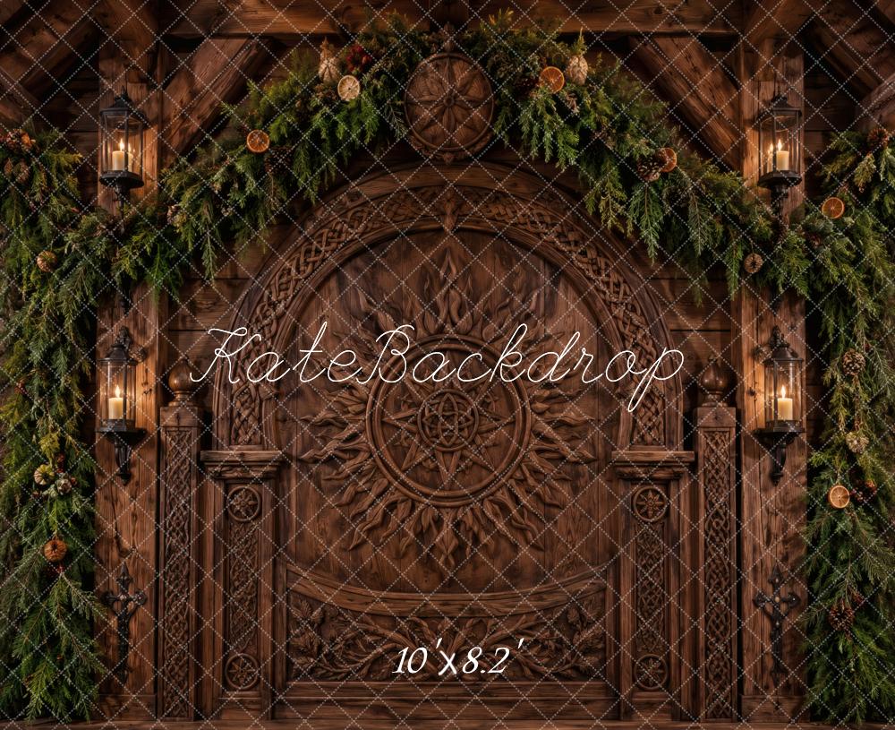 Kate Christmas Celtic Solstice Woodwork Rustic Wooden Door Pine Garland Printed Backdrop Designed by Vertigo Productions