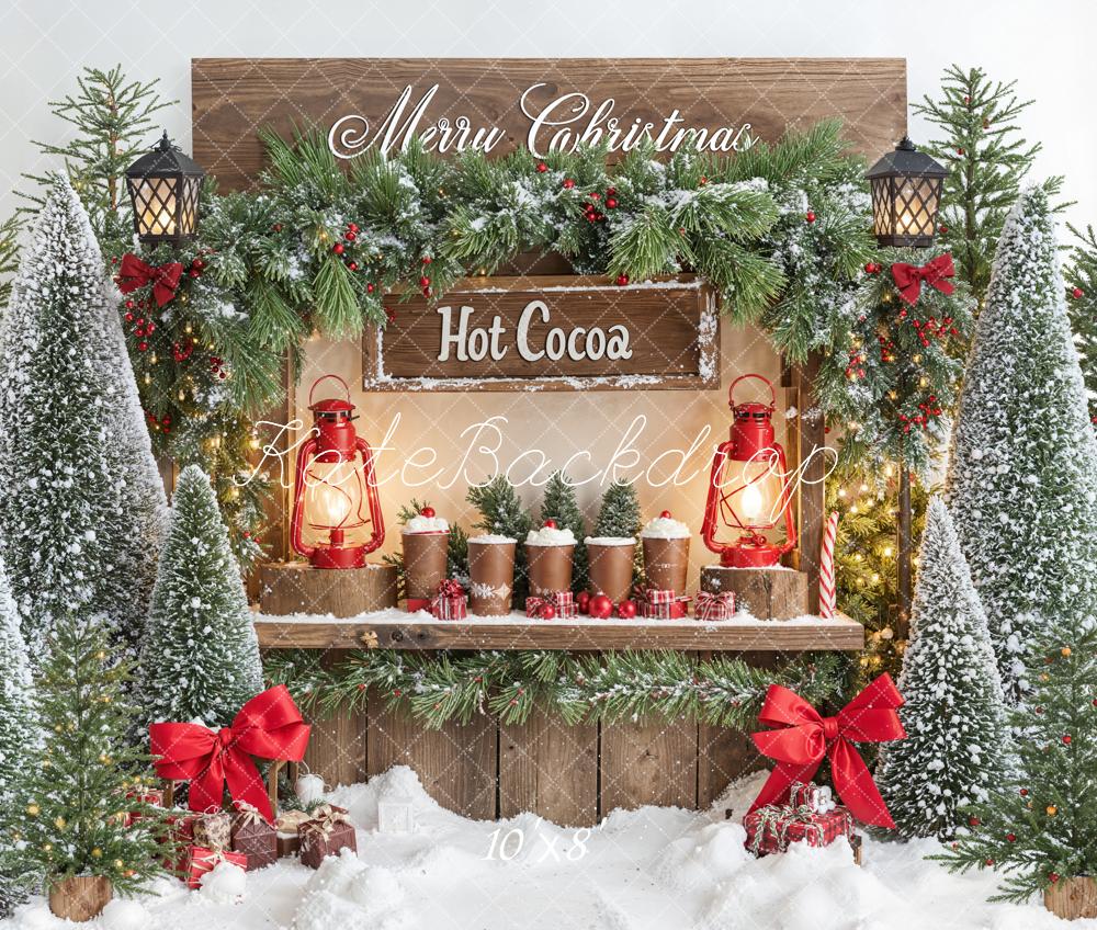 Kate Christmas Hot Cocoa Stand Snowy Pine Trees Lantern Backdrop Designed by Emetselch