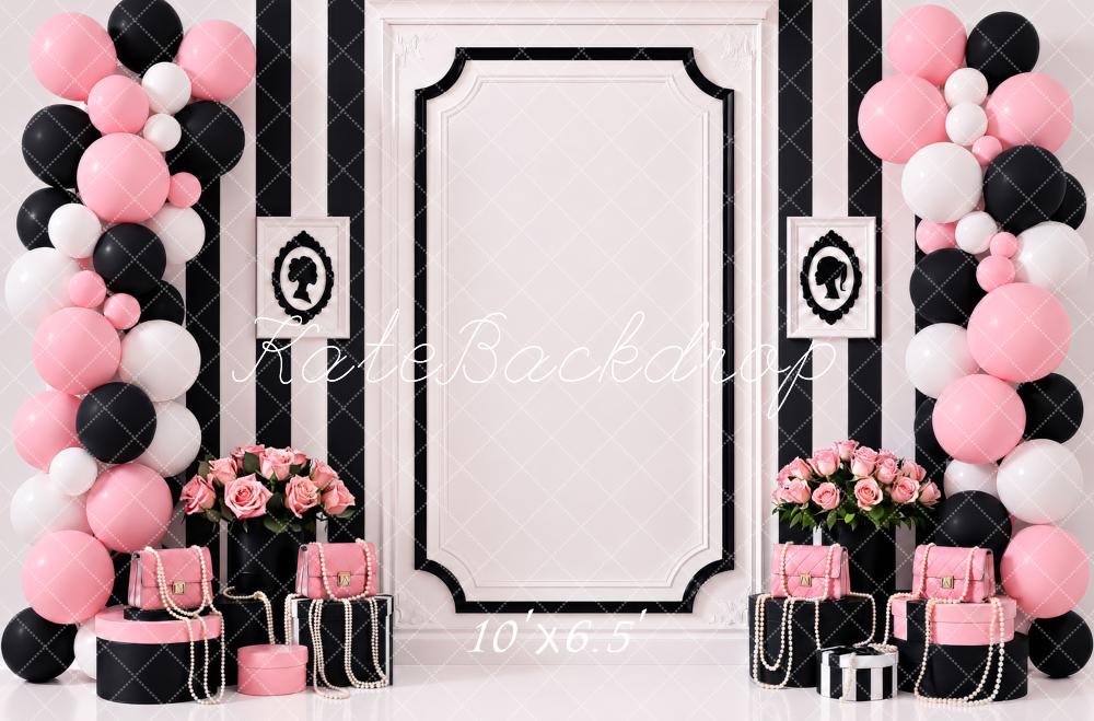 Kate Birthday Luxury Pink Black White Balloons Striped Wall Flowers Gifts Printed Backdrop Designed by Shutter Swan Studios
