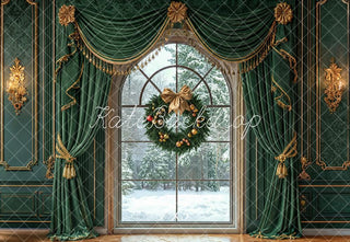 Kate Christmas Retro Green Curtain Arched Window Wreath Printed Backdrop Designed by Emetselch