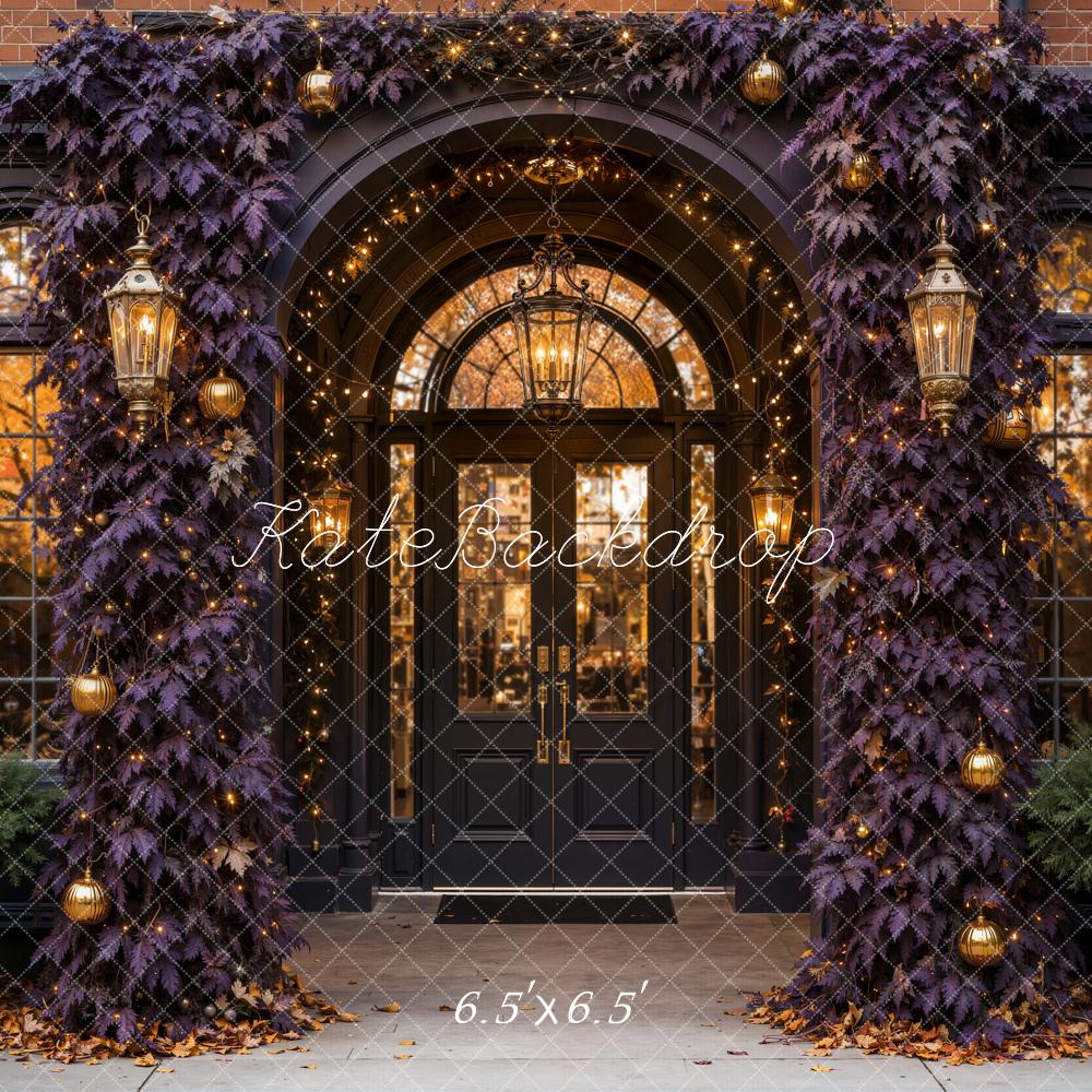 Kate Halloween Dark Purple Leaves Vintage Archway Entrance Printed Backdrop Designed by Emetselch