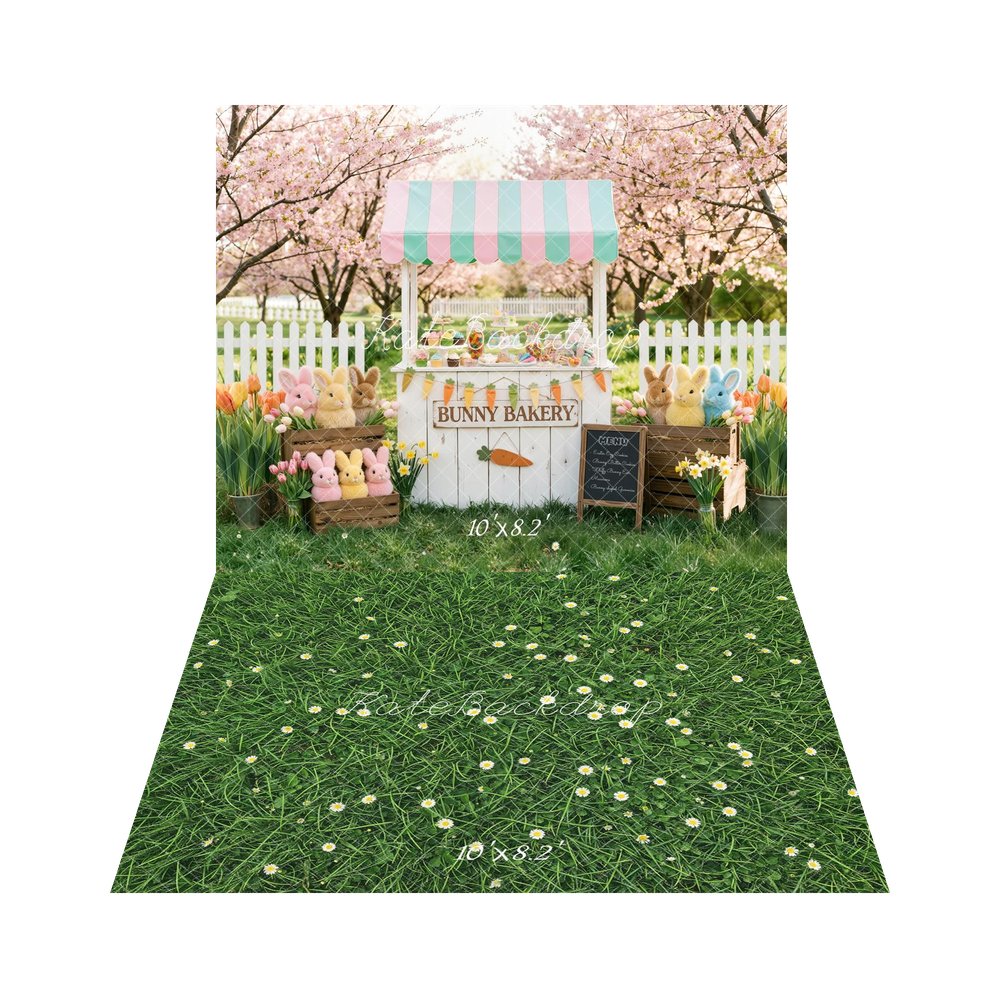 Kate Easter Bunny Bakery Pink Blossoms Backdrop+Green Grass Daisy Flowers Backdrop