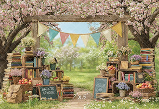 Kate Back to School Books Cherry Blossom Flowers Printed Backdrop Designed by Emetselch