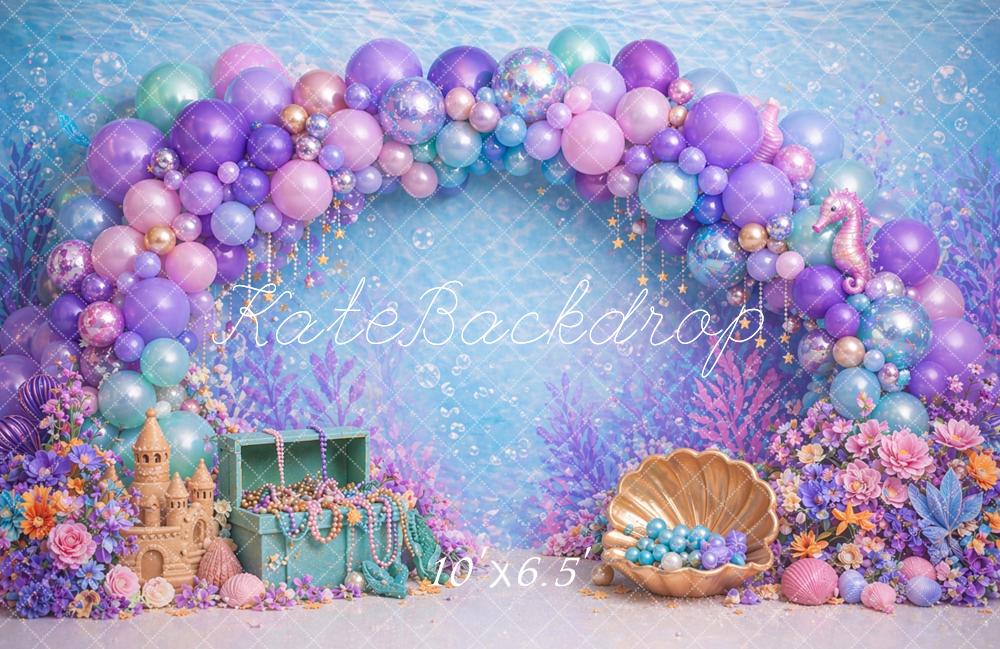 Kate Mermaid Balloon Arch Shell Sandcastle Underwater Printed Backdrop Designed by Caitlin Lynch