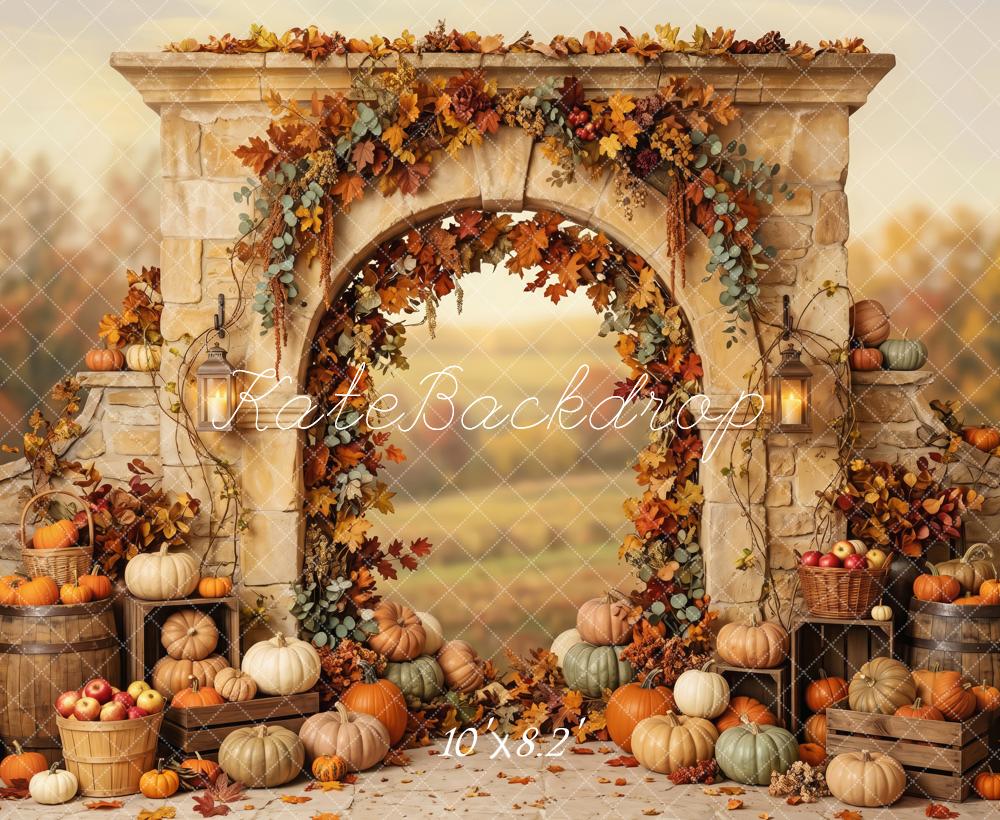 Kate Fall Stone Arch Floral Pumpkin Printed Backdrop Designed by Patty Roberts