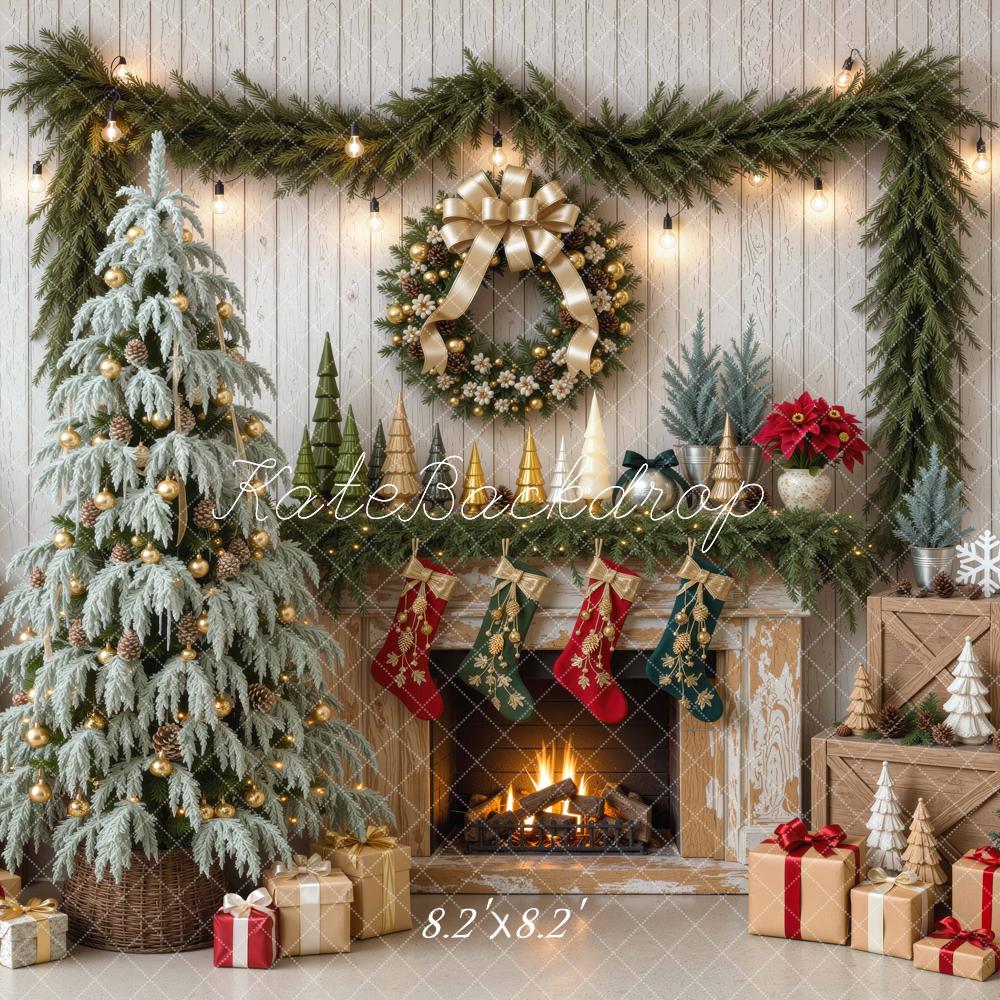 Kate Christmas Fireplace Snowy Tree Wreath Gifts Stockings Printed Backdrop Designed by Mini MakeBelieve