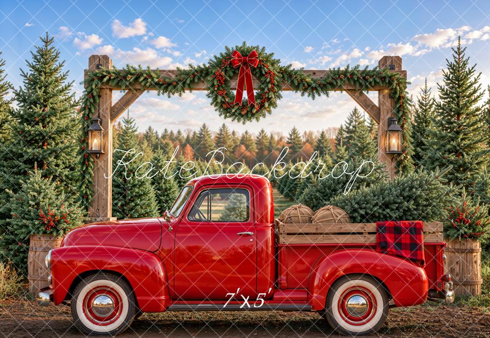 Kate Christmas Farm Red Truck Wreath Rustic Arch Printed Backdrop Designed by Emetselch