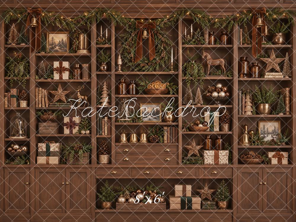 Kate Christmas Brown Cabinet Wreath Garland Shelves Printed Backdrop Designed by Vertigo Productions