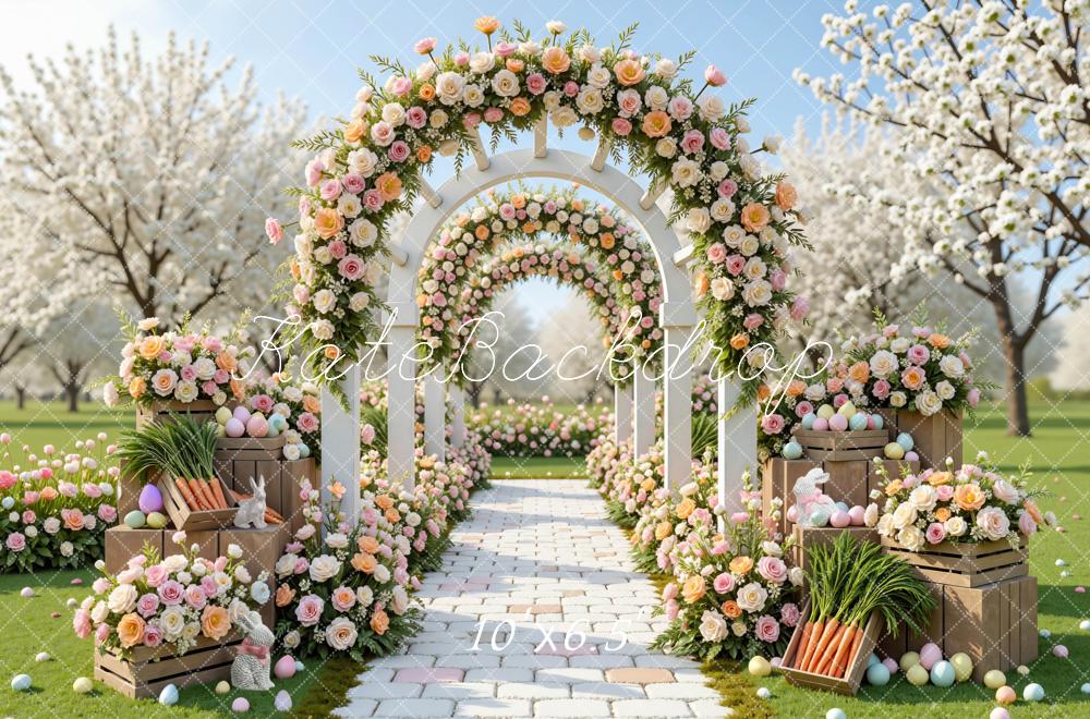Kate Easter Bunny Flower Arch Pastel Eggs Garden Path Backdrop Designed by Mini MakeBelieve