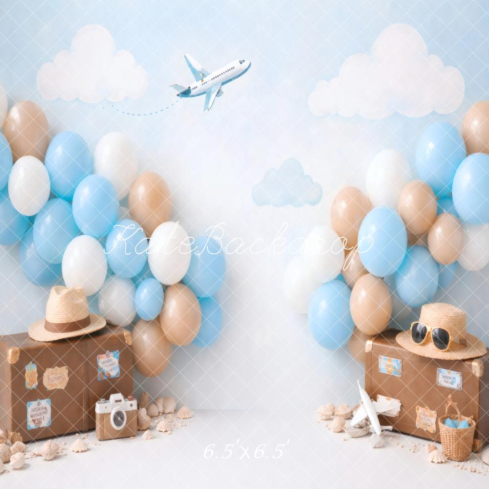 Kate Cake Smash Travel Suitcases Airplane Balloons Clouds Printed Backdrop Designed by Vertigo Productions