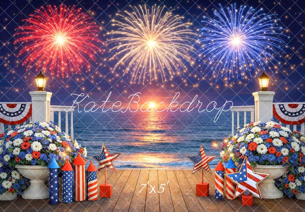 Kate 4th Of July Fireworks Ocean Deck Floral Printed Backdrop Designed by Mini MakeBelieve