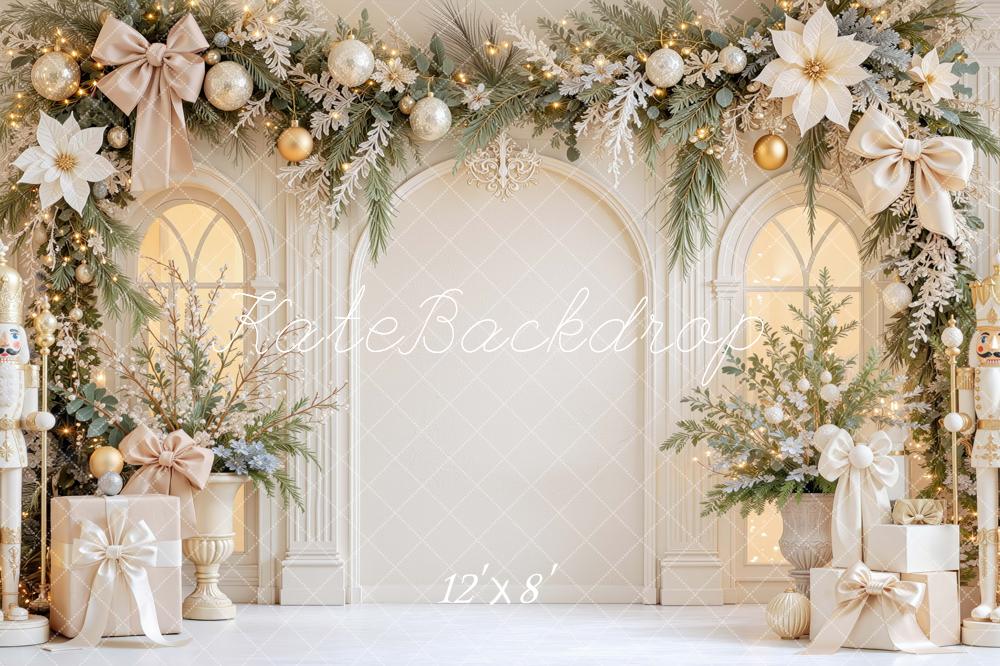 Kate Christmas White Gold Arch Poinsettias Garland Gifts Printed Backdrop Designed by Mini MakeBelieve