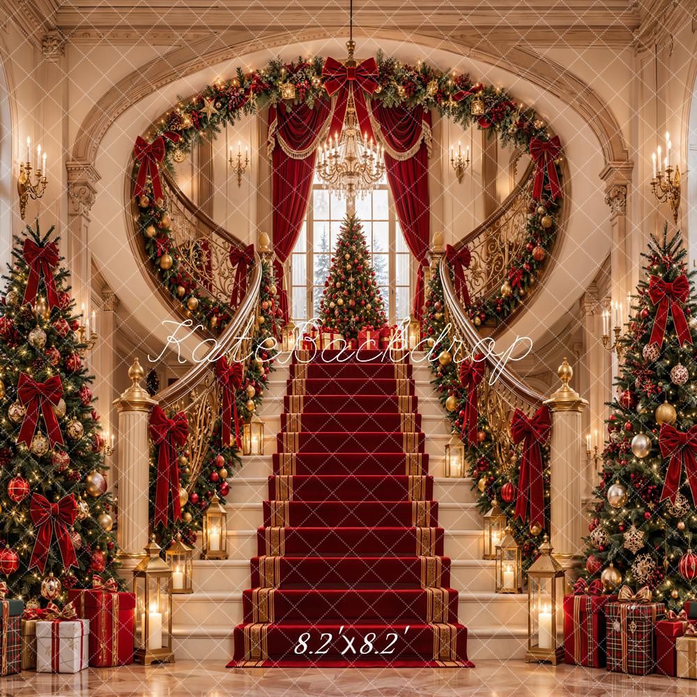 Kate Christmas Cascading Stairs Palace Red Carpet Luxury Trees Printed Backdrop Designed by Emetselch