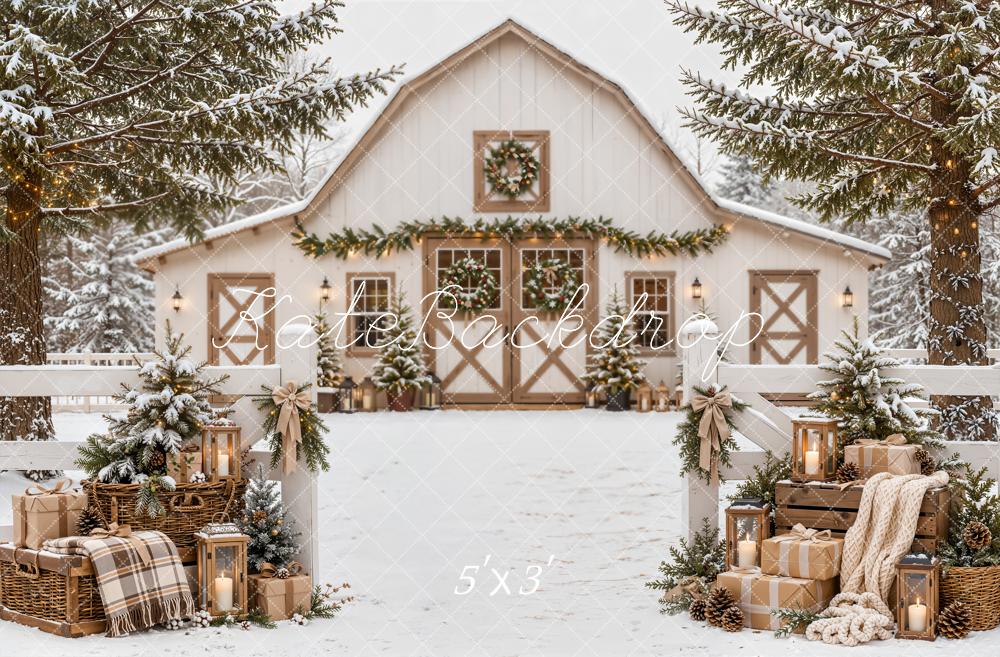 Kate Christmas Snowy White Barn Farmhouse Evergreen Gifts Plaid Printed Backdrop Designed by Emetselch