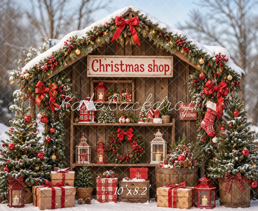 Kate Christmas Shop Rustic Cabin Snowy Trees Gifts Forest Printed Backdrop Designed by Emetselch