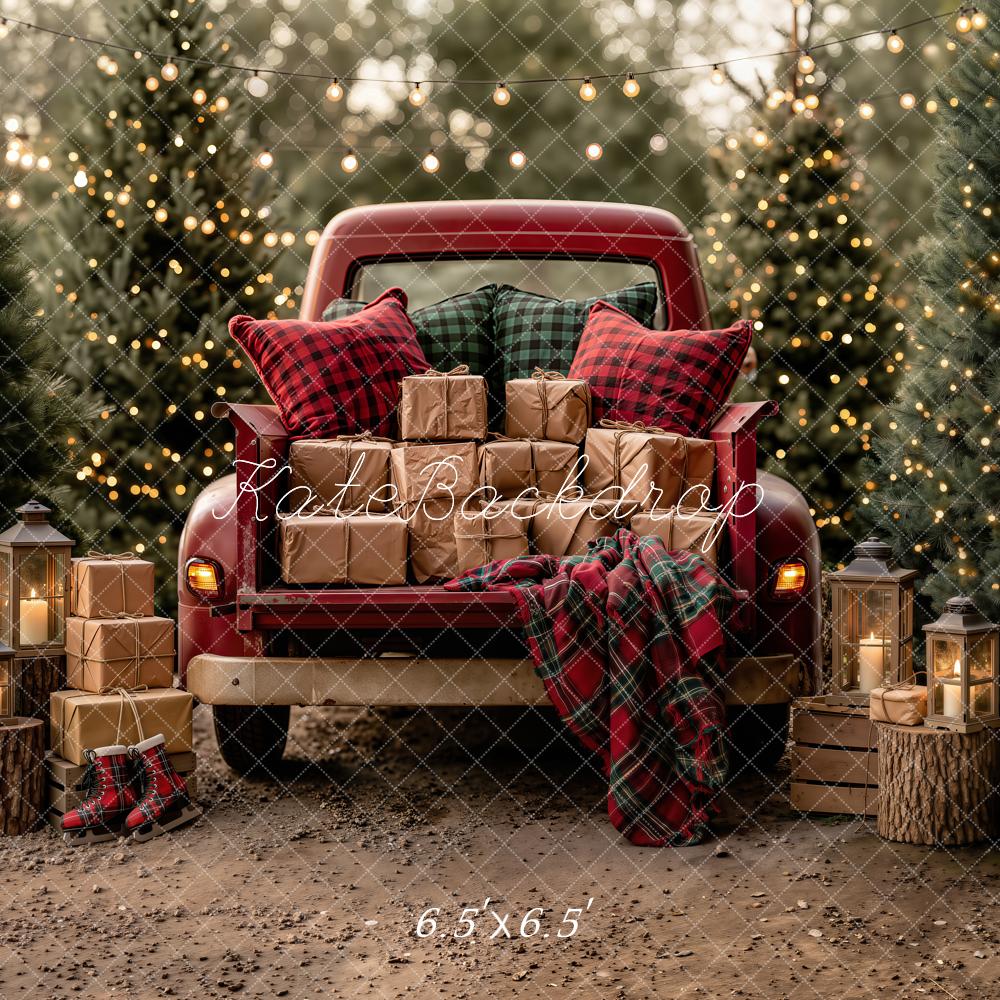 Kate Christmas Red Truck Gifts Pine Trees Red Plaid Lanterns Printed Backdrop Designed by Emetselch