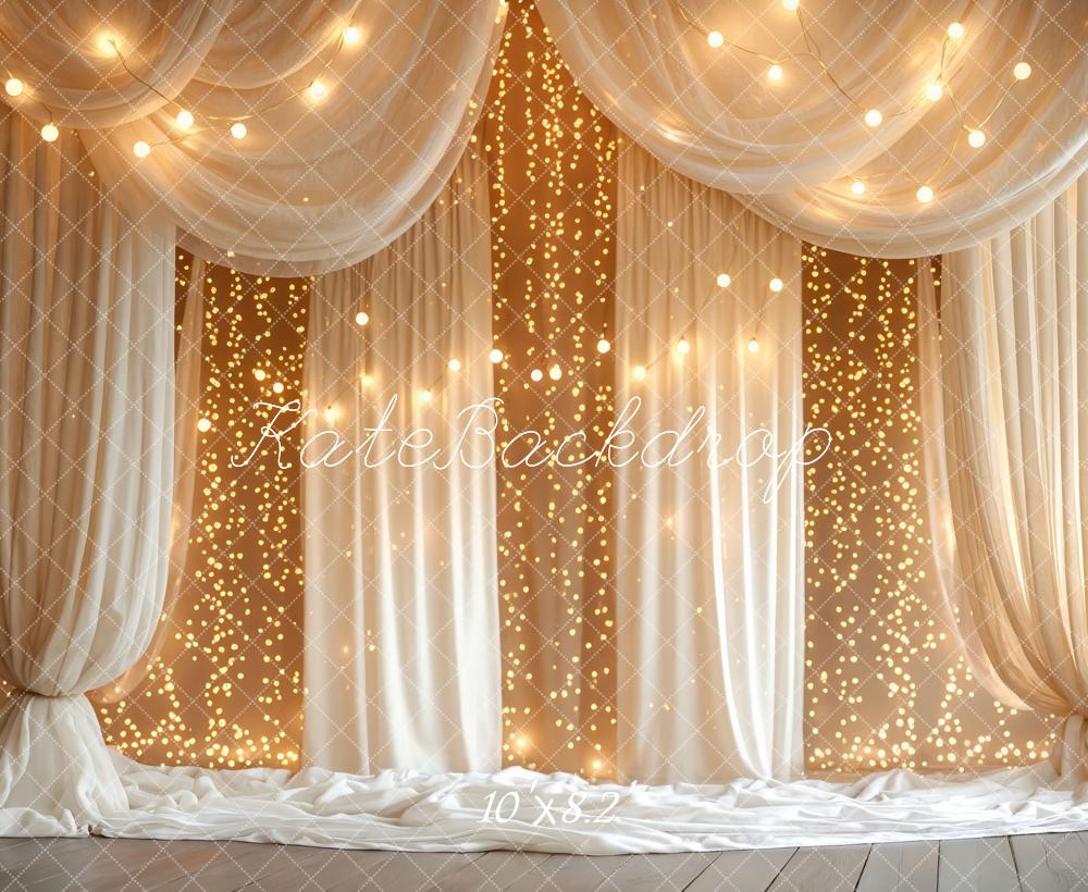 Kate White Drapes String Lights Curtain Printed Backdrop Designed by Mini MakeBelieve