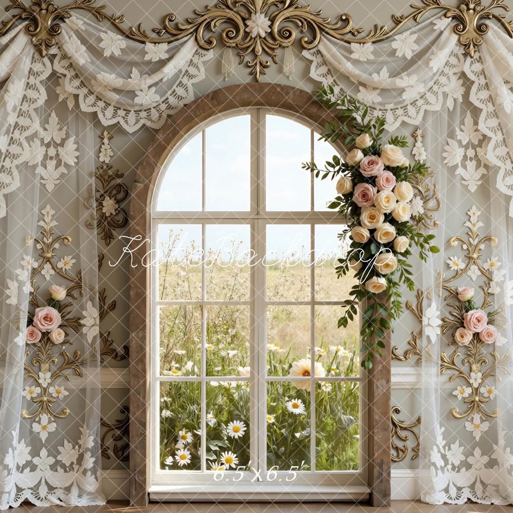 TEST Kate Spring Arched Window Floral Lace Drapes Backdrop Designed by Mini MakeBelieve