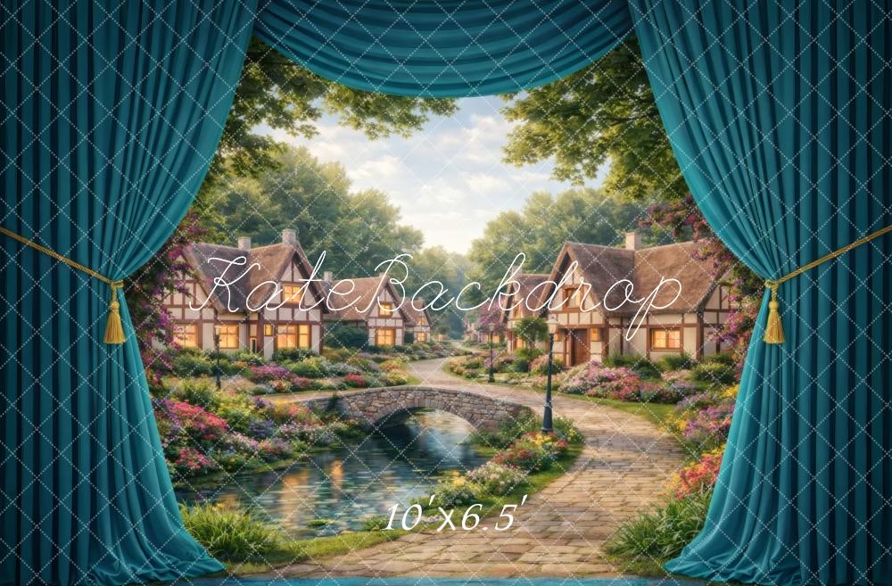 Kate Fairy Fantasy Village Bridge Teal Curtains Printed Backdrop Designed by Vertigo Productions