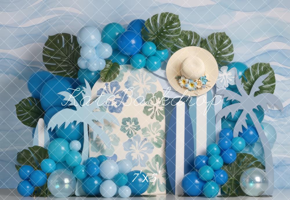 Kate Summer Palm Leaves Blue Balloons Straw Hat Printed Backdrop Designed by Emetselch