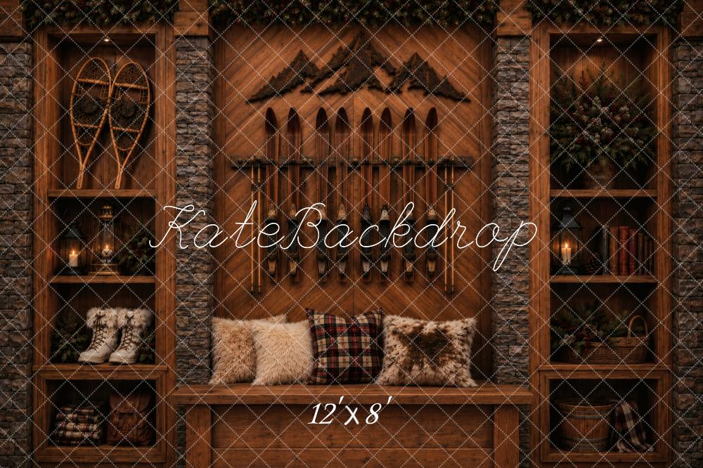 Kate Rustic Ski Lodge Shelves Fur Pillows Printed Backdrop Designed by Vertigo Productions
