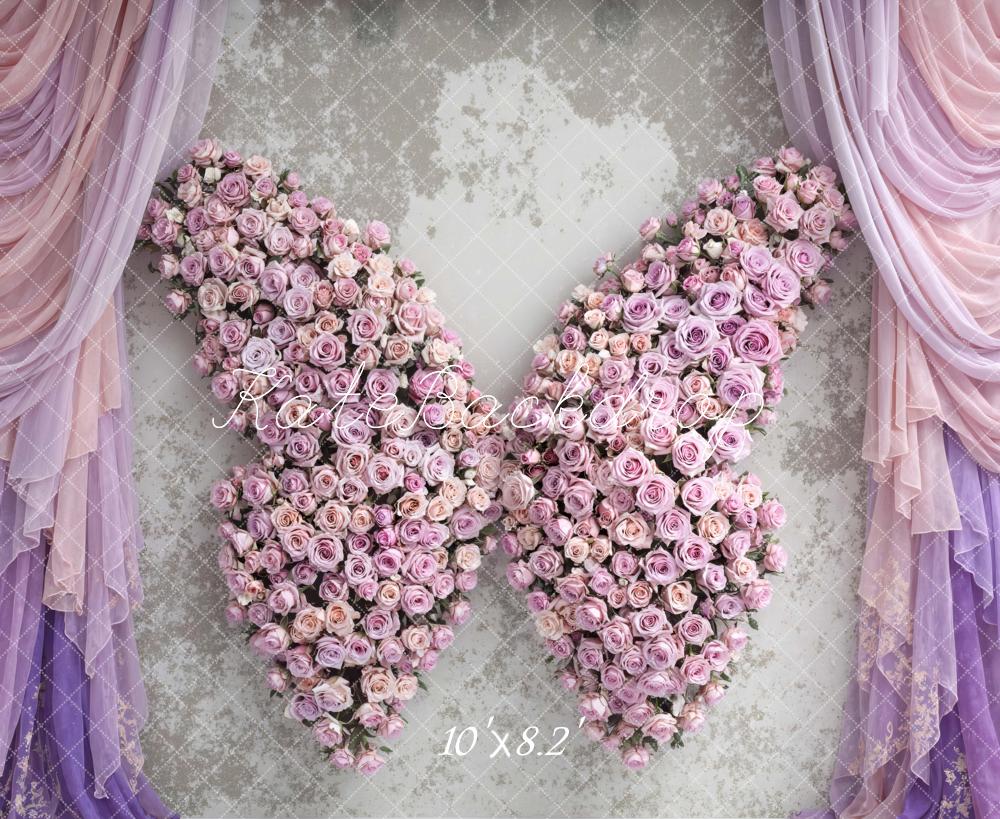 Kate Pink Rose Wings with Lavender Drapes Printed Backdrop Designed by Mini MakeBelieve