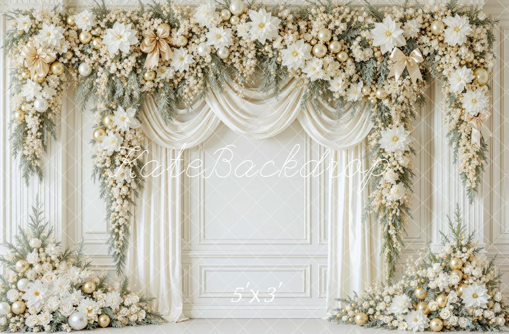 Kate Christmas White Gold Flower Arch Drapes Printed Backdrop Designed by Mini MakeBelieve