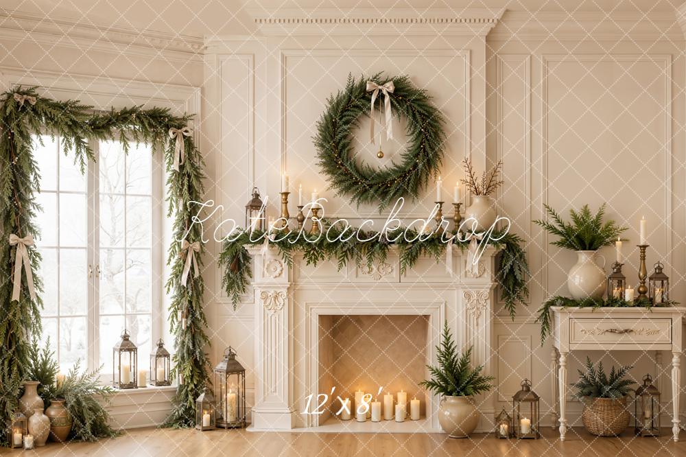 Kate Christmas Fireplace Corner Window Wreath Garland Candles Printed Backdrop Designed by Emetselch