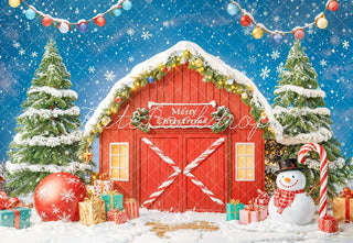 Kate Christmas Tree Barn Snowman Ornaments Printed Backdrop Designed by Emetselch