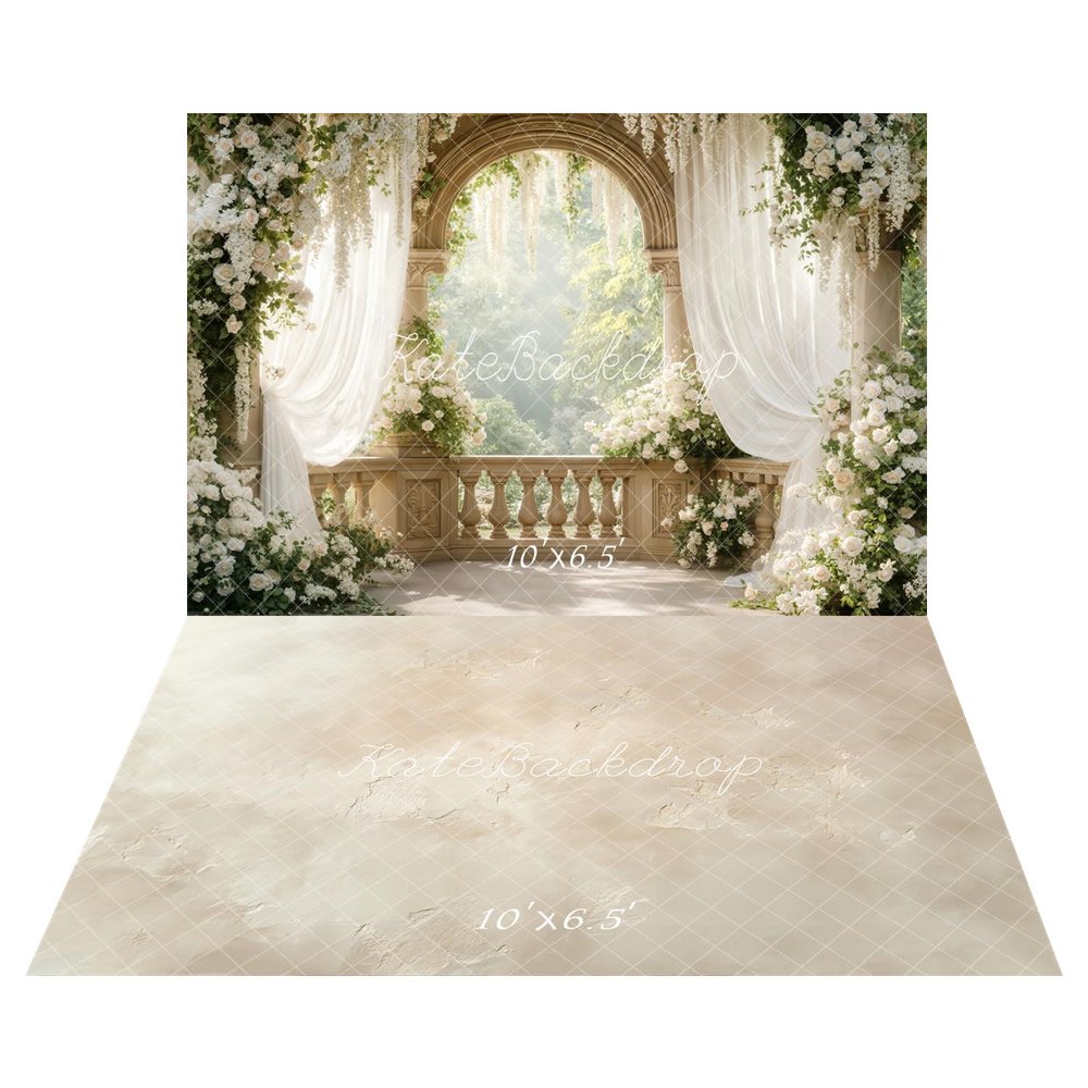 Kate Spring Flower Arch White Roses Draped Curtains Balcony Printed Backdrop+Beige Abstract Texture Printed Floor Backdrop