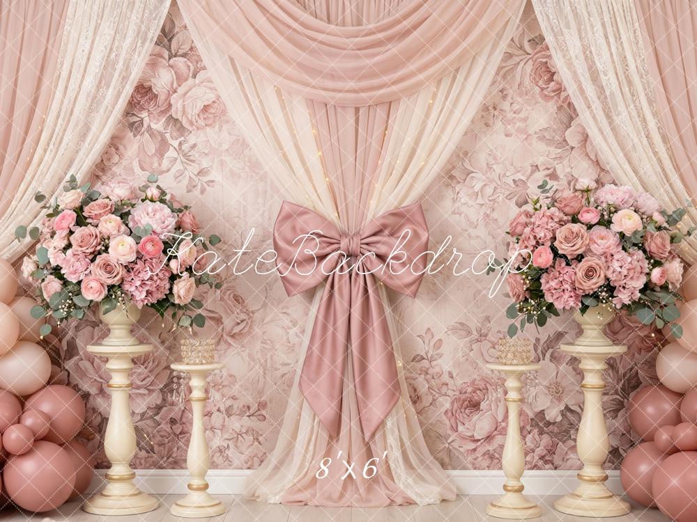 Kate Birthday Pink Floral Drapes Bow Balloons Printed Backdrop Designed by Patty Roberts