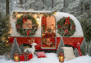 Kate Christmas Camper Wreath Gifts Reindeer Snow Forest Printed Backdrop Designed by Emetselch