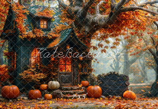 Kate Fall Forest Pumpkin Black Retro Hut Printed Backdrop Designed by Emetselch
