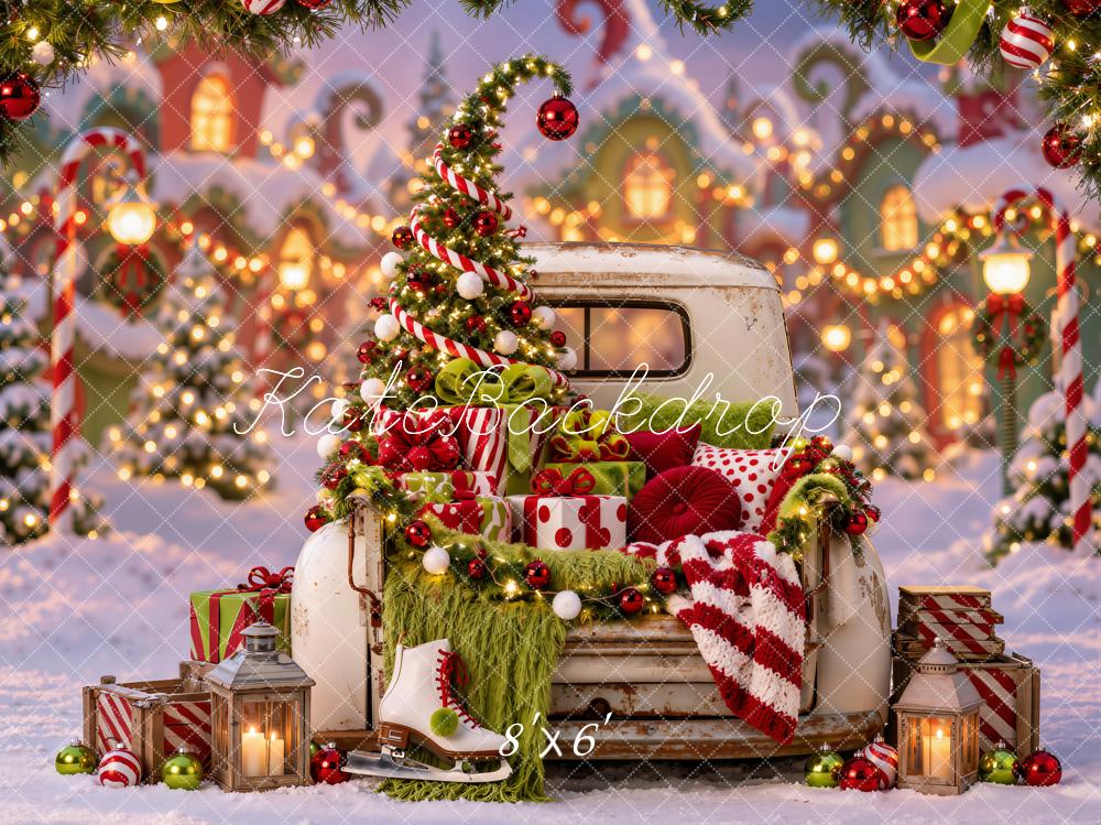 Kate Christmas Fantasy Truck Whoville Tree Gifts Ice Skates Printed Backdrop Designed by Emetselch