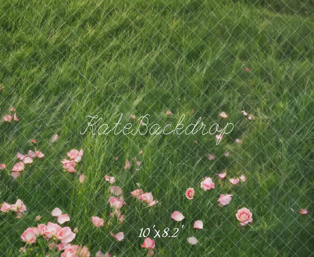 Kate Spring Green Grass Pink Rose Petals Floor Backdrop Designed by Emetselch