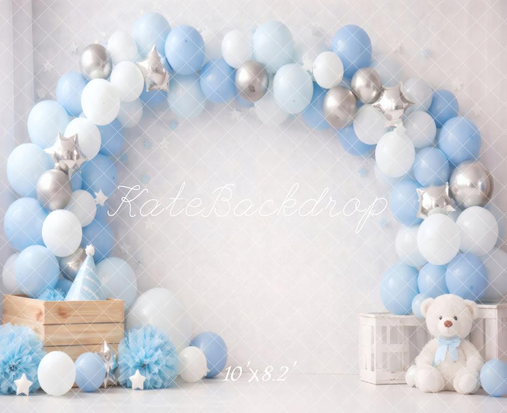 Kate Cake Smash Blue Balloon Arch Teddy Bear Crate Printed Backdrop Designed by Vertigo Productions