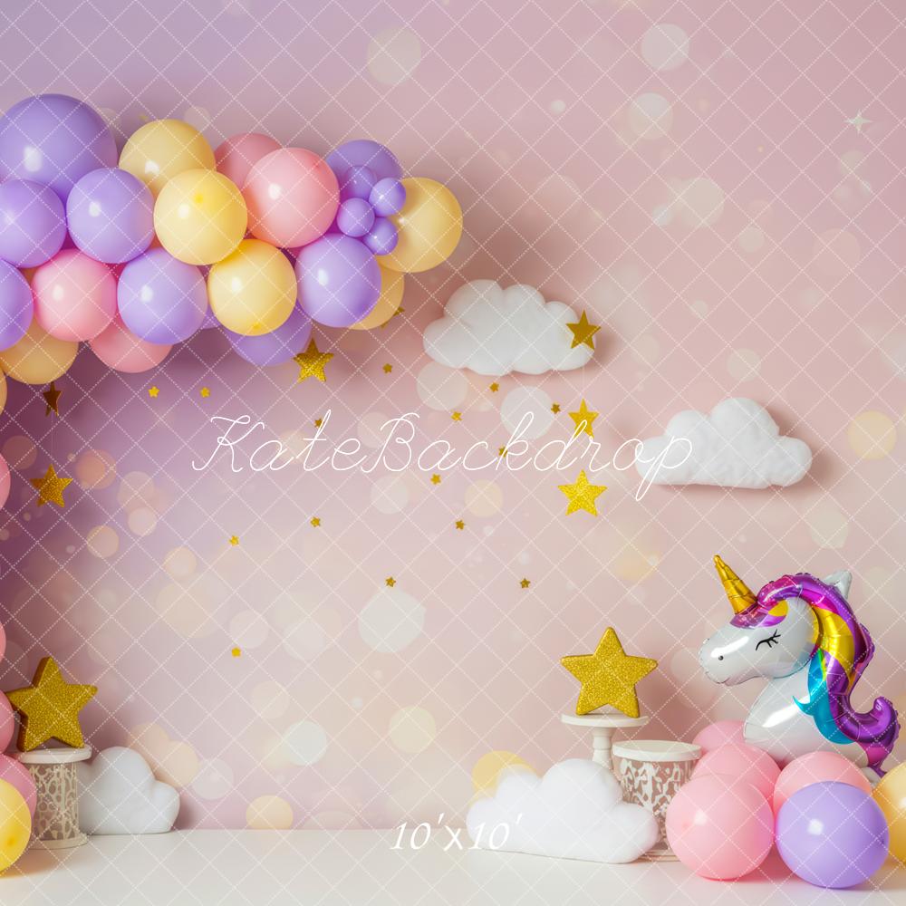 Kate Cake Smash Pastel Balloon Arch Unicorn Clouds Stars Backdrop Designed by Patty Roberts