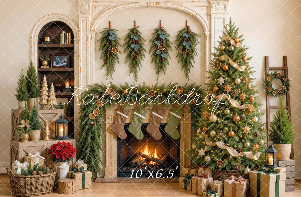 Kate Christmas Fireplace Tree Stockings Int Orange Peels Garland Printed Backdrop Designed by Mini MakeBelieve